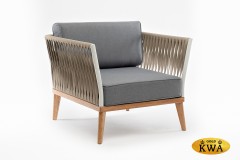 &quot;Касабланка&quot; кресло плетеное из роупа, основание дуб, каркас алюминий светло-серый (RAL7035) муар, роуп серо-коричневый 23мм, ткань серая