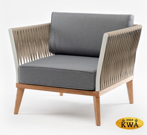 "Касабланка" кресло плетеное из роупа, основание дуб, каркас алюминий светло-серый (RAL7035) муар, роуп серо-коричневый 23мм, ткань серая