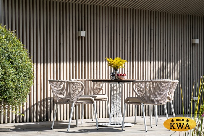 "Милан" стул плетеный из роупа, каркас алюминий белый шагрень, роуп бежевый круглый, ткань бежевая