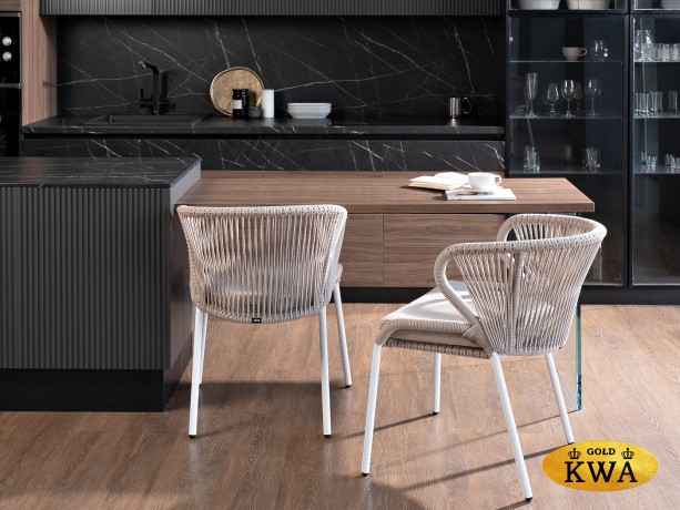 "Милан" стул плетеный из роупа, каркас алюминий белый шагрень, роуп бежевый круглый, ткань бежевая