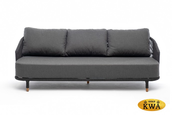 "Верона" диван 3-местный плетеный из роупа, каркас алюминий темно-серый (RAL7024) муар, роуп темно-серый круглый, ткань темно-серая 027