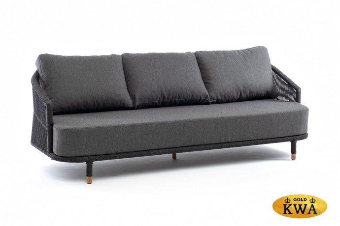 "Верона" диван 3-местный плетеный из роупа, каркас алюминий темно-серый (RAL7024) муар, роуп темно-серый круглый, ткань темно-серая 027