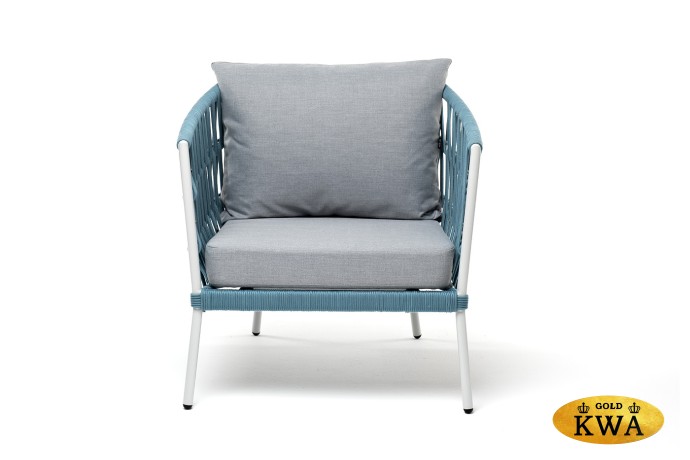 "Диего" кресло плетеное из роупа, каркас алюминий светло-серый (RAL7035) муар, роуп бирюзовый круглый, ткань светло-серая