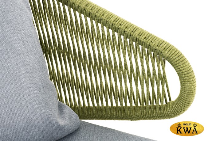 "Милан" диван 2-местный плетеный из роупа, каркас алюминий светло-серый (RAL7035) шагрень, роуп салатовый меланж круглый, ткань светло-серая