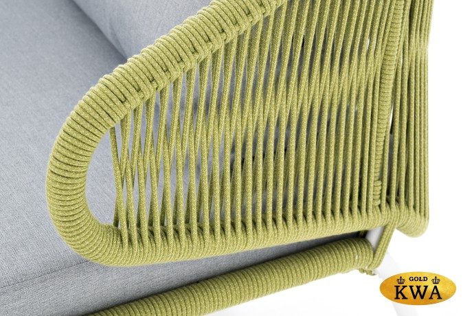 "Милан" диван 2-местный плетеный из роупа, каркас алюминий светло-серый (RAL7035) шагрень, роуп салатовый меланж круглый, ткань светло-серая