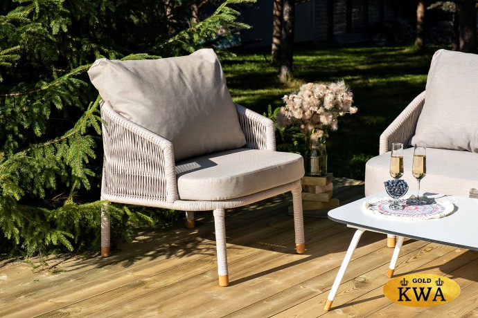 "Верона" кресло плетеное из роупа, каркас алюминий белый муар, роуп бежевый круглый, ткань бежевая 15052