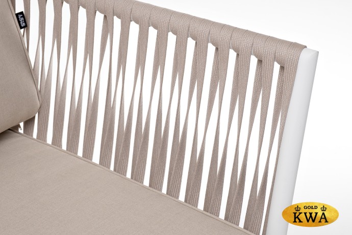 "Касабланка" диван 2-местный плетеный из роупа, каркас алюминий белый муар, роуп бежевый 20мм, ткань бежевая 15052