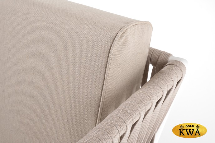 "Касабланка" диван 2-местный плетеный из роупа, каркас алюминий белый муар, роуп бежевый 20мм, ткань бежевая 15052