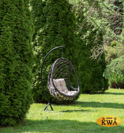 "Венеция" подвесное кресло-кокон из искусственного ротанга, цвет серый с бежевой подушкой