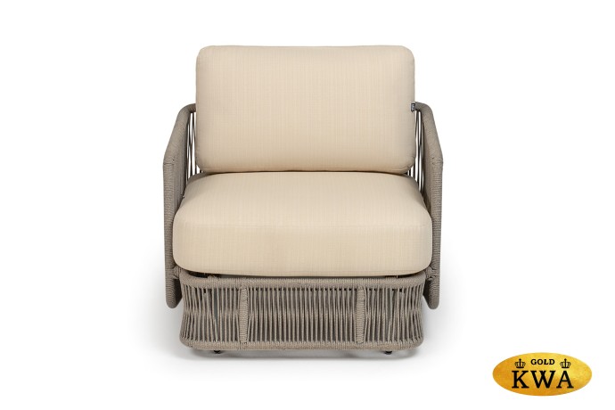 "Альбано" кресло плетеное из роупа, каркас алюминий светло-серый (RAL7035) муар, роуп серый меланж круглый, ткань Mossle светло-бежевая