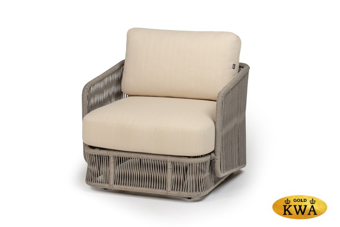 "Альбано" кресло плетеное из роупа, каркас алюминий светло-серый (RAL7035) муар, роуп серый меланж круглый, ткань Mossle светло-бежевая