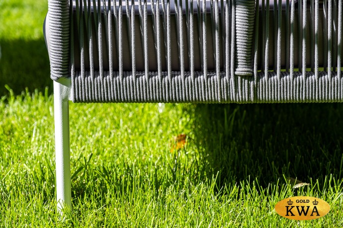 "Канны" диван 2-местный плетеный из роупа, каркас алюминий белый муар, роуп светло-серый круглый, ткань серая 017