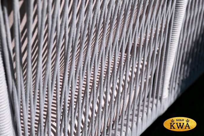 "Канны" диван 2-местный плетеный из роупа, каркас алюминий белый муар, роуп светло-серый круглый, ткань серая 017