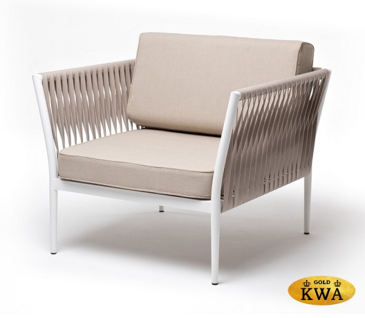 "Касабланка" кресло плетеное из роупа, каркас алюминий белый муар, роуп бежевый 20мм, ткань бежевая 15052