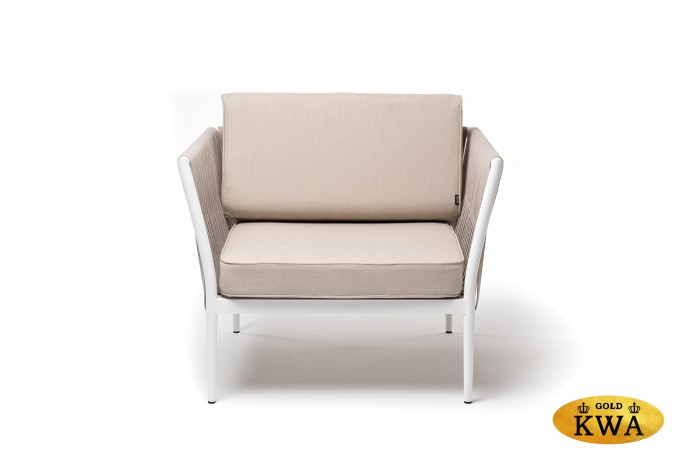 "Касабланка" кресло плетеное из роупа, каркас алюминий белый муар, роуп бежевый 20мм, ткань бежевая 15052