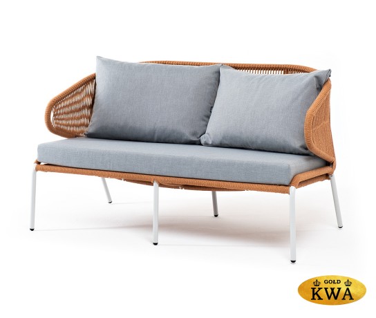 "Милан" диван 2-местный плетеный из роупа, каркас алюминий светло-серый (RAL7035) шагрень, роуп оранжевый меланж круглый, ткань светло-серая