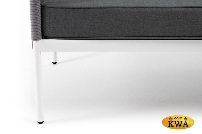 "Канны" диван 3-местный плетеный из роупа, каркас алюминий белый муар, роуп светло-серый круглый, ткань серая 017