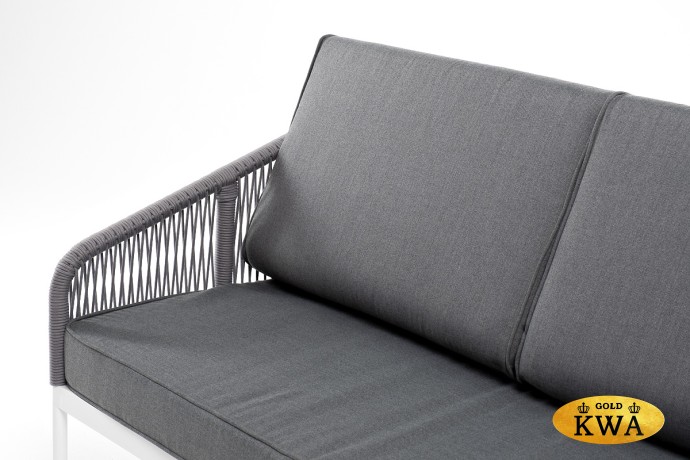 "Канны" диван 3-местный плетеный из роупа, каркас алюминий белый муар, роуп светло-серый круглый, ткань серая 017