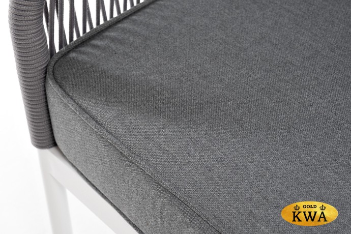 "Канны" диван 3-местный плетеный из роупа, каркас алюминий белый муар, роуп светло-серый круглый, ткань серая 017