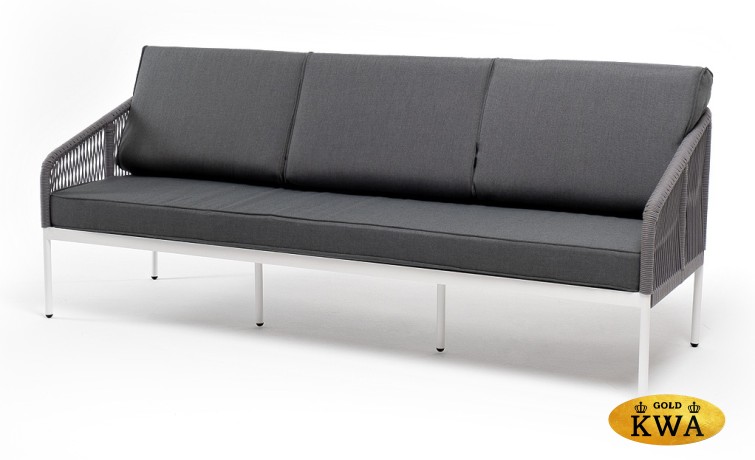 "Канны" диван 3-местный плетеный из роупа, каркас алюминий белый муар, роуп светло-серый круглый, ткань серая 017