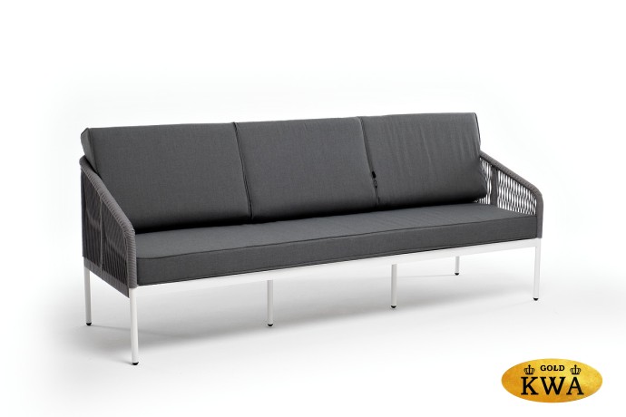 "Канны" диван 3-местный плетеный из роупа, каркас алюминий белый муар, роуп светло-серый круглый, ткань серая 017