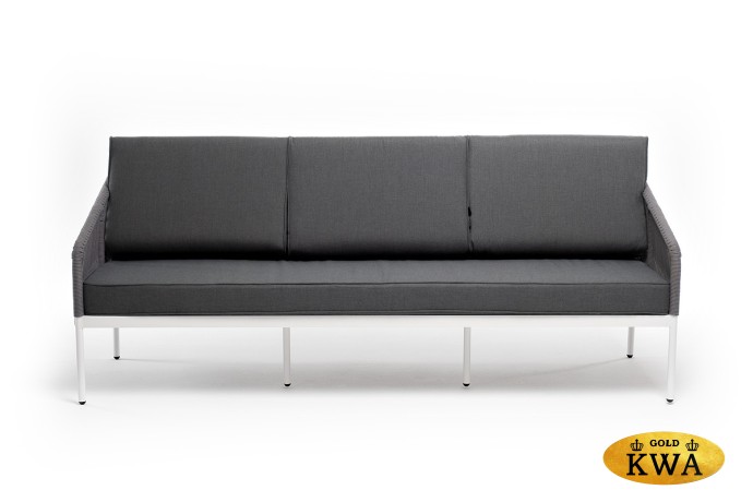 "Канны" диван 3-местный плетеный из роупа, каркас алюминий белый муар, роуп светло-серый круглый, ткань серая 017