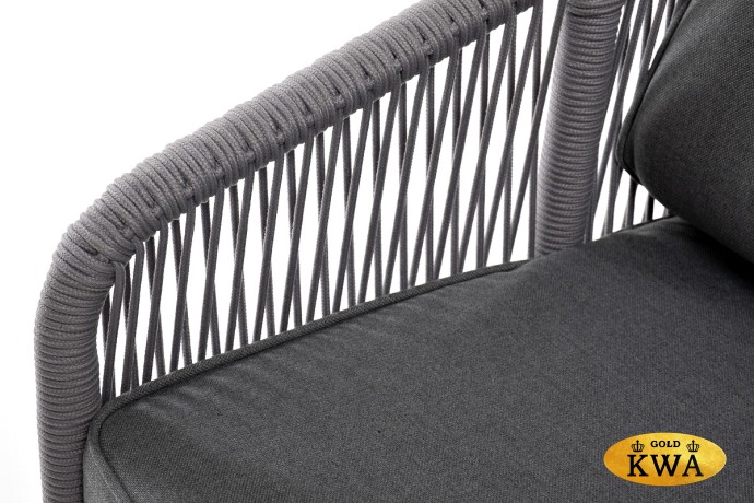 "Канны" диван 3-местный плетеный из роупа, каркас алюминий белый муар, роуп светло-серый круглый, ткань серая 017