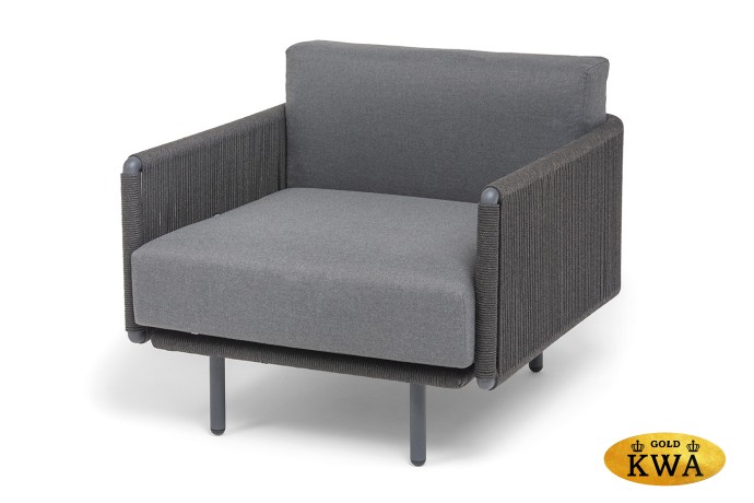 "Джелло" кресло плетеное из роупа, каркас алюминий темно-серый (RAL7024) муар, роуп темно-серый круглый, ткань темно-серая 027