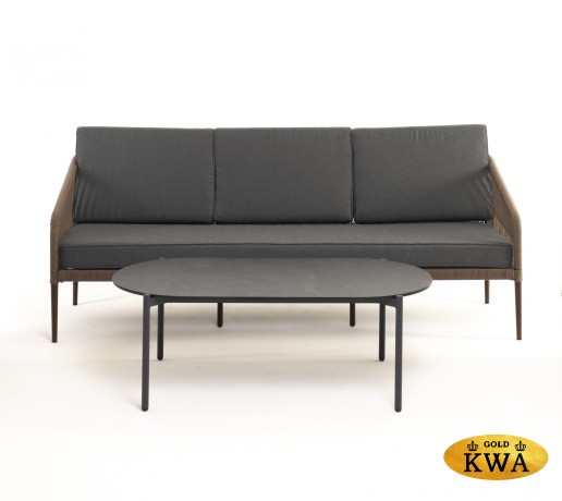 "Канны" диван 3-местный плетеный из роупа, каркас алюминий коричневый (RAL8016) муар, роуп коричневый круглый, ткань темно-серая 027