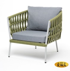 &quot;Диего&quot; кресло плетеное из роупа, каркас алюминий светло-серый (RAL7035) муар, роуп салатовый меланж круглый, ткань светло-серая