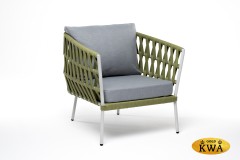 &quot;Диего&quot; кресло плетеное из роупа, каркас алюминий светло-серый (RAL7035) муар, роуп салатовый меланж круглый, ткань светло-серая