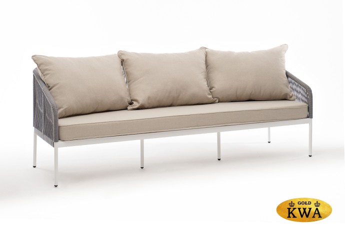 "Канны" диван 3-местный плетеный из роупа, каркас алюминий белый муар, роуп светло-серый круглый, ткань бежевая 15052