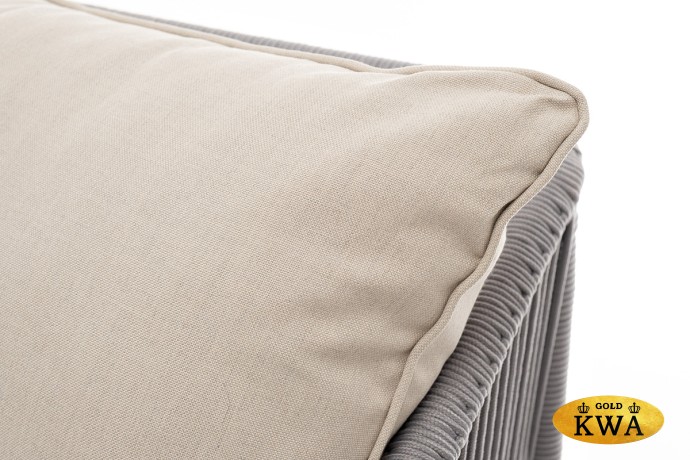 "Канны" диван 3-местный плетеный из роупа, каркас алюминий белый муар, роуп светло-серый круглый, ткань бежевая 15052