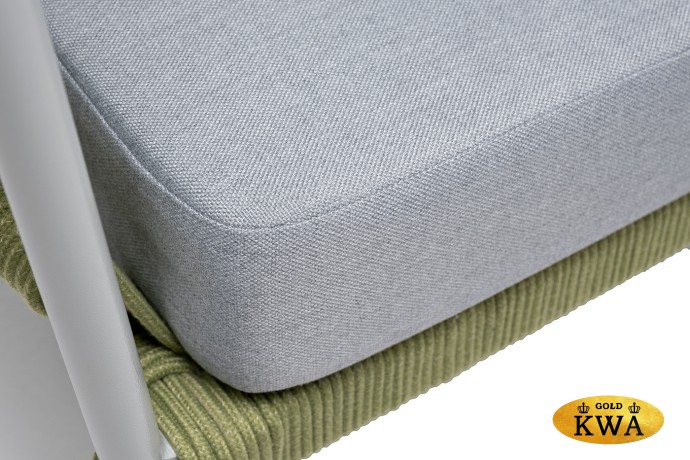 "Диего" диван 2-местный плетеный из роупа, каркас алюминий светло-серый (RAL7035) муар, роуп салатовый меланж круглый, ткань светло-серая