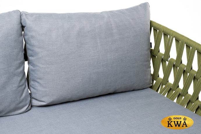 "Диего" диван 2-местный плетеный из роупа, каркас алюминий светло-серый (RAL7035) муар, роуп салатовый меланж круглый, ткань светло-серая