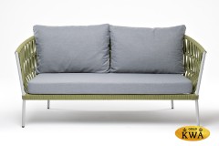 "Диего" диван 2-местный плетеный из роупа, каркас алюминий светло-серый (RAL7035) муар, роуп салатовый меланж круглый, ткань светло-серая