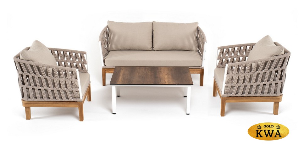 "Диего" лаунж-зона 4-местная плетеная из роупа со столиком "Канны" цвета "дуб", основание дуб, роуп бежевый