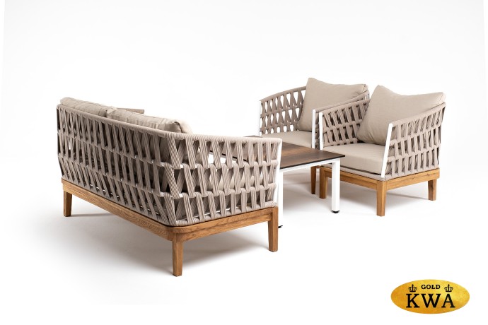 "Диего" лаунж-зона 4-местная плетеная из роупа со столиком "Канны" цвета "дуб", основание дуб, роуп бежевый