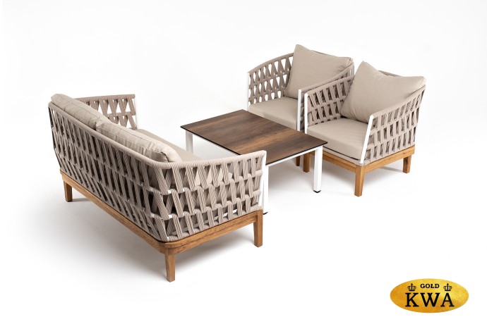 "Диего" лаунж-зона 4-местная плетеная из роупа со столиком "Канны" цвета "дуб", основание дуб, роуп бежевый