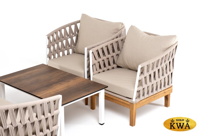 "Диего" лаунж-зона 4-местная плетеная из роупа со столиком "Канны" цвета "дуб", основание дуб, роуп бежевый