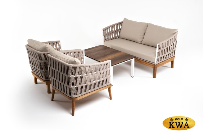 "Диего" лаунж-зона 4-местная плетеная из роупа со столиком "Канны" цвета "дуб", основание дуб, роуп бежевый