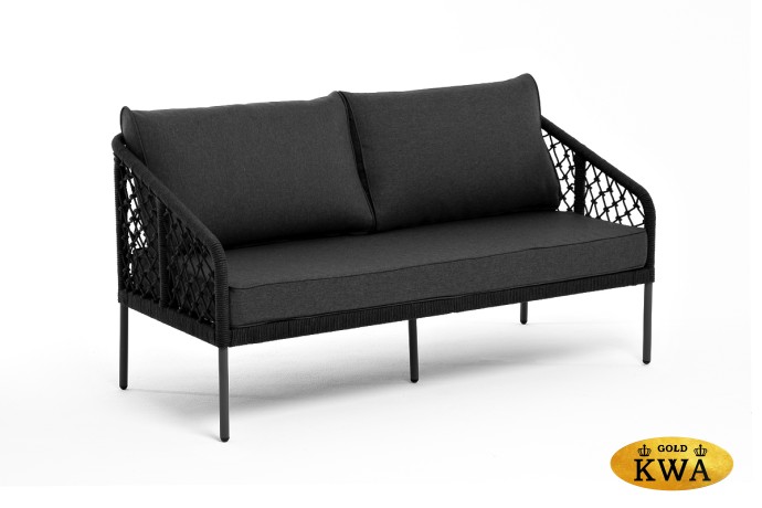 "Канны" диван 2-местный плетеный из роупа (узелки), каркас алюминий темно-серый (RAL7024) муар, роуп темно-серый круглый, ткань темно-серая