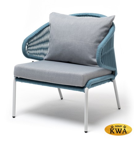 "Милан" кресло плетеное из роупа, каркас алюминий светло-серый (RAL7035) шагрень, роуп бирюзовый круглый, ткань светло-серая