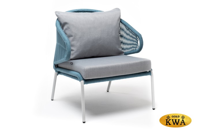 "Милан" кресло плетеное из роупа, каркас алюминий светло-серый (RAL7035) шагрень, роуп бирюзовый круглый, ткань светло-серая