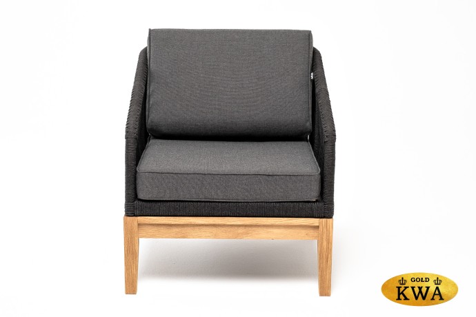 "Канны" кресло плетеное из роупа, основание дуб, роуп темно-серый круглый, ткань темно-серая