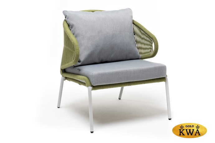 "Милан" кресло плетеное из роупа, каркас алюминий светло-серый (RAL7035) шагрень, роуп салатовый меланж круглый, ткань светло-серая