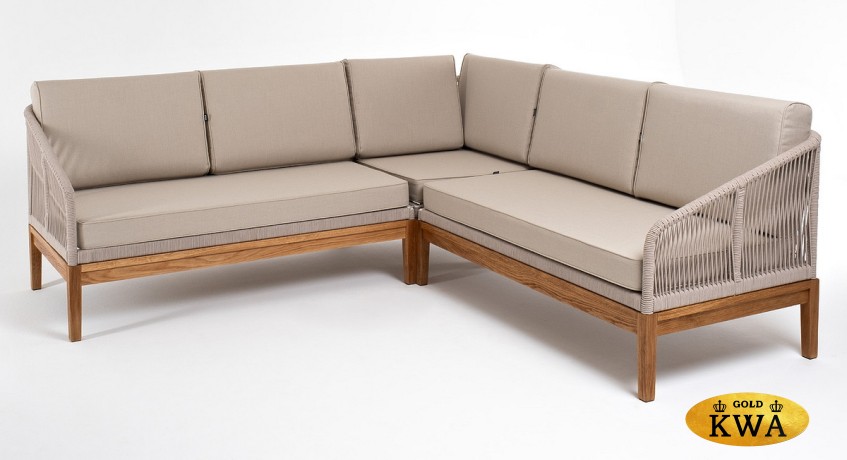 "Канны" диван модульный плетеный из роупа, основание дуб, роуп бежевый круглый, ткань бежевая 035