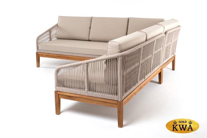 "Канны" диван модульный плетеный из роупа, основание дуб, роуп бежевый круглый, ткань бежевая 035