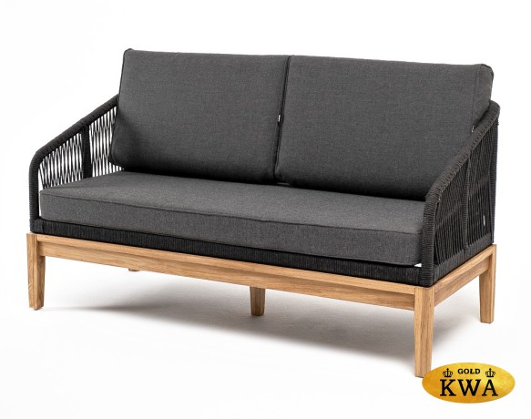 "Канны" диван 2-местный плетеный из роупа, основание дуб, роуп темно-серый круглый, ткань темно-серая