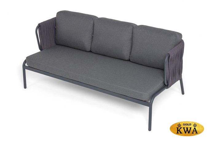 "Ронда" диван 3-местный плетеный из роупа, каркас алюминий темно-серый (RAL7024) муар, роуп серый 40 мм tex, ткань темно-серая 027